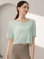 Top corto da yoga a manica corta verde chiaro in tessuto Tencel traspirante per donna - S / Blu Ghiaccio