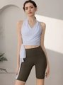 Light blue wrap halter sports top with green high waist yoga shorts set for fitness - S / Blue