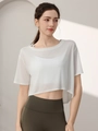 White semi-transparent short sleeve sports cover-up with mesh texture and cropped fit - White