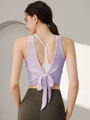 Light purple yoga top with open back bow tie design and white sports bra detail - S / Purple