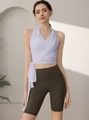 Slim fit lavender wrap yoga top and olive green high-waisted fitness biker shorts set - S / Light Purple