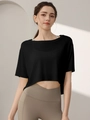Women's black cropped sports T-shirt and taupe high-waisted yoga leggings set - Black