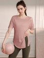 Women's pink tencel yoga top with shoulder cutout and green fitness shorts - S / Dusty Pink