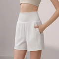 Weiße High-Waist Yoga-Shorts für Damen mit Seitentaschen und Bauchweg-Passform - S / Weiß