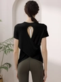 Women's modal backless sports T-shirt featuring a cross-layered design for yoga and fitness - Black