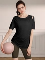 Haut de yoga noir à manches courtes pour femmes avec découpe épaule et tissu respirant - Noir