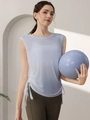 Light blue translucent workout tank top with side drawstrings and olive green yoga leggings - Light Blue