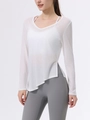 White semi-transparent V-neck long sleeve yoga top with asymmetrical side slit hem - S / White