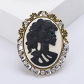 Vintage gothic cameo brooch with black skeleton portrait and crystal embellishments - Gold-1751