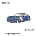 Detailed view of silver car brooch with blue rhinestones showing dimensions 5.7cm by 2.5cm - Blue