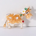 Detailed view of alloy cow brooch with orange enamel flow texture and daisy ornament - Orange