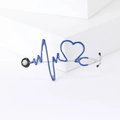 Broche stéthoscope minimaliste en émail avec goutte d'huile bleue et cristal brillant - Cœur Bleu (MM-BR-2097) / Bleu