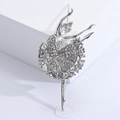Elegant silver ballet girl brooch with clear rhinestones on minimalist white background - Silver (2243)