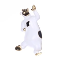 Cute cartoon cow brooch with white enamel and black spots in a gold-plated finish - White