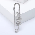 Broche épingle à nourrice fleurie argentée avec strass et opale pour costume ou gilet - Blanc
