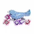 Incantevole spilla uccello in lega d'argento con strass azzurri e fiori in smalto - Blu