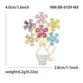 Elegante broche de cesta de flores con circonitas de colores y acabado dorado con medidas - Estilo Multicolor (MM-BR-8109-MX)