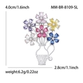 Elegant silver flower basket brooch with colorful zircons and detailed size measurements - Silver