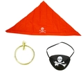 Set costume da pirata 3 pezzi con bandana rossa a teschio, benda per occhi e orecchino d'oro - Set da Pirata 3 Pezzi