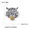 Broche de cabeza de tigre plateado con cristales blancos y ojos verdes hombre, 5cm alto - Plateado