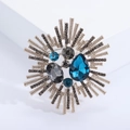 Vintage sunburst brooch with navy blue crystals and dark grey diamonds on silver base - Blue (MM-BR-2557-Blue-BL)