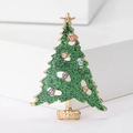 Detailed close-up of green glitter Christmas tree brooch with colorful rhinestones - Green (MM-BR-2542)