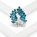 Elegant silver olive leaf brooch with navy blue marquise crystals and sparkling zircons - Blue