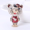 Cute golden zodiac tiger brooch with sparkling rhinestones and red enamel heart - Red