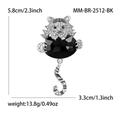 Broche de tigre con gema negra ovalada y cristales blancos en plata, altura de 5,8 cm - Negro (2512-BK)