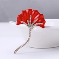 Elegant red enamel ginkgo leaf brooch with sparkling rhinestones and silver finish - Red