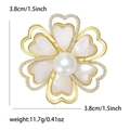 Elegant golden camellia brooch with shell petals, pearl center and rhinestones 3.8cm - Gold