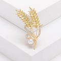 Elegante broche de espiga de trigo dorado con cristales y detalle de perla blanca - Amarillo