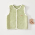 Detail of baby warm fleece vest in sage green with cute bear embroidery and snap buttons - 73cm / Green