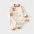 Pagliaccetto neonato stile cinese in cotone beige con stampa paesaggio e bottoni a nodo - 73cm / 16823-J Paesaggio Pastorale Girocollo (Bianco Sporco)