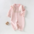 Pink cotton baby romper with ruffle shoulders and floral embroidery details - Floral-Pink / 73cm