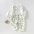 Tutina neonato in cotone con colletto Peter Pan e motivi floreali verdi e pizzo fine - 66 / Verde