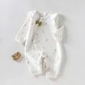 Pelele de algodón para bebé niña en beige con estampado floral y lazo verde - Talla 66 / Verde