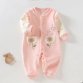 Roze baby-rompertje met lange bloemenmouwen en schattig konijntjesborduurwerk - 73cm / Roze