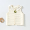 Infant quilted vest in cream with floral ruffle collar and small green flower detail - 73cm / Flower Decoration (768810)