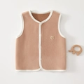 Toddler fleece vest in camel brown with white piping and cute bear embroidery detail - 73cm / Brown