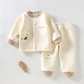 Infant quilted thermal set in beige featuring cute bear pattern and rib-knit cuffs - 73cm / Fat Little Bear Stand Collar Set