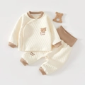 Quilted baby thermal set in cream with brown trim and bear patch for toddlers - 66CM / Lucky Bear Thermal High Waist Set