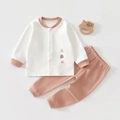 Infant cotton long-sleeve pajama set with squirrel embroidery in cream and pink - 66 / Khaki (2044-Squirrel-Khaki)