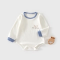 White waffle cotton baby bodysuit with blue trim and bear brother cartoon print - Sky Blue / 73cm