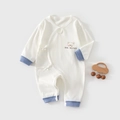 Baby summer romper with bear print and blue ribbed cuffs in breathable cotton fabric - 52cm / Sky Blue