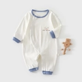 Infant cotton romper in off-white with blue trim and cartoon bear print design - 66CM / Sky Blue