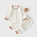 Baby waffle cotton pajamas set in cream with red trim and cute bear embroidery - 66 / Khaki