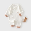 Baby summer long sleeve romper in white cotton waffle fabric with cute bear print and ties - 52cm / Khaki
