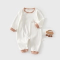 Infant long sleeve romper in beige waffle fabric featuring a cartoon bear print - 66CM / Khaki