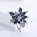 Elegant silver flower brooch with deep blue marquise gemstones and white sparkling crystals - Dark Blue (MM-BR-2768)